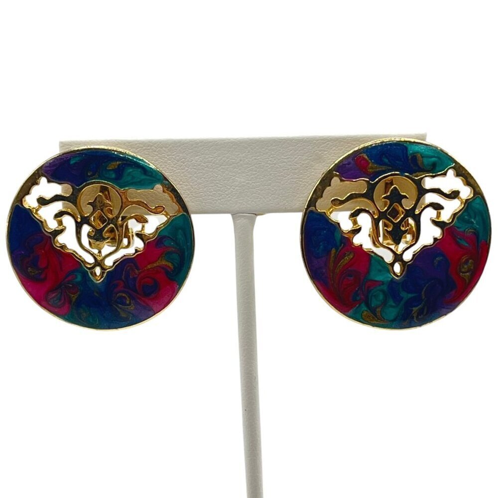 Vintage Oversized Enamel Medallion Earrings Clip On Jewel Tones Marble Swirls